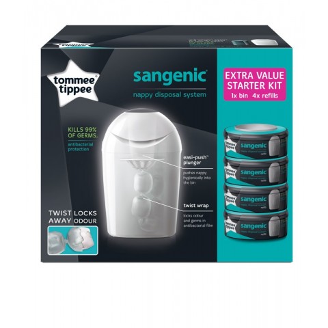 Tommee Tippee Sangenic Nappy Disposal System Starter Kit Tub plus 4 Refills